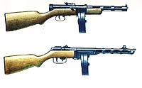 Пистолеты-пулеметы ППД-40 (сверху) и ППШ-41